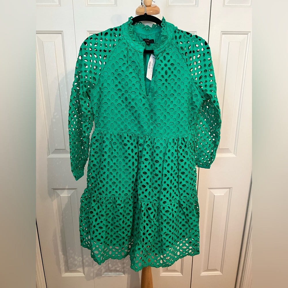 NWT J. Crew Green Eyelet Lace Tiered Long Sleeve Dress Size XS - Picture 2 of 5